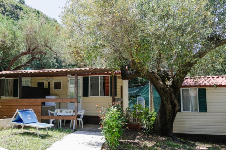 Casa mobile con veranda, sedie e lettino, circondata da alberi e vegetazione.